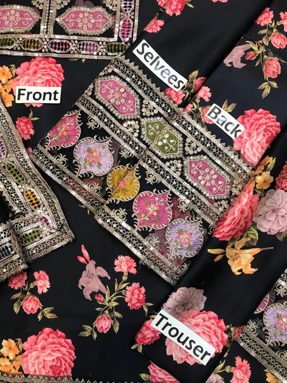 Luxury Embroidered Unstitched 3Pc Silk Suit | Premium Collection| Black