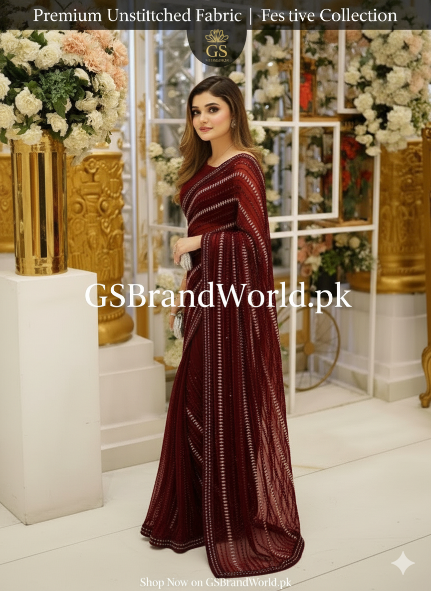 Luxury Embroidered Unstitched Chiffon Saree | Black & Mehroon | Wedding Collection|SR.060