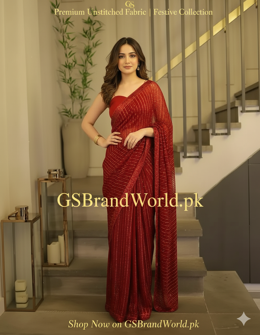 Luxury Embroidered Unstitched Chiffon Saree | Semi Pure Fabric | Wedding Collection| SR.075