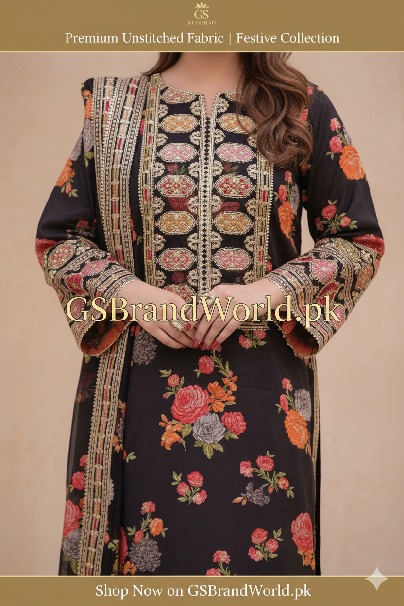 Luxury Embroidered Unstitched 3Pc Silk Suit | Premium Collection| Black