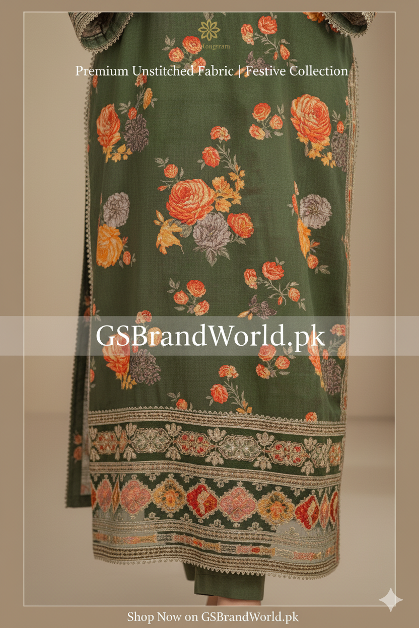 Luxury Embroidered Unstitched 3Pc Silk Suit | Premium Collection| Olive