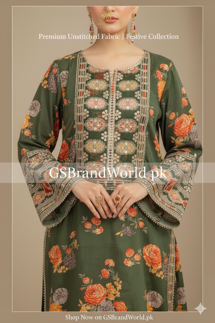 Luxury Embroidered Unstitched 3Pc Silk Suit | Premium Collection| Olive