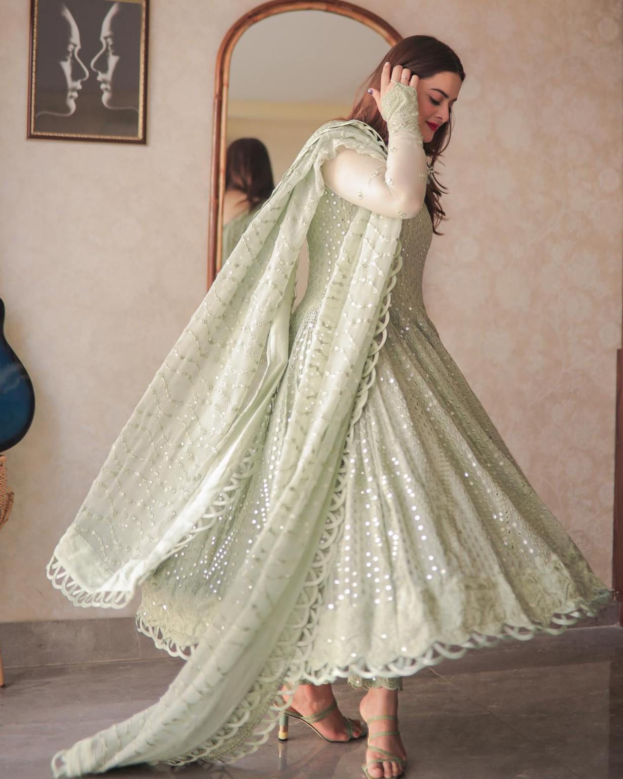 Luxury Semi Pure Chiffon Embroidered Frock 3PC | Sequence Work | Dupatta with Heavy Border| GS .AF.070
