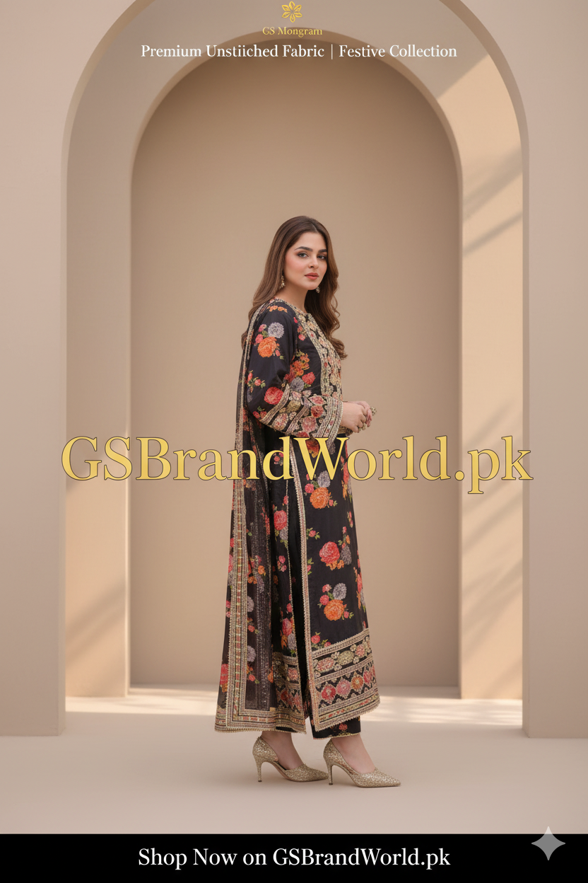 Luxury Embroidered Unstitched 3Pc Silk Suit | Premium Collection| Black