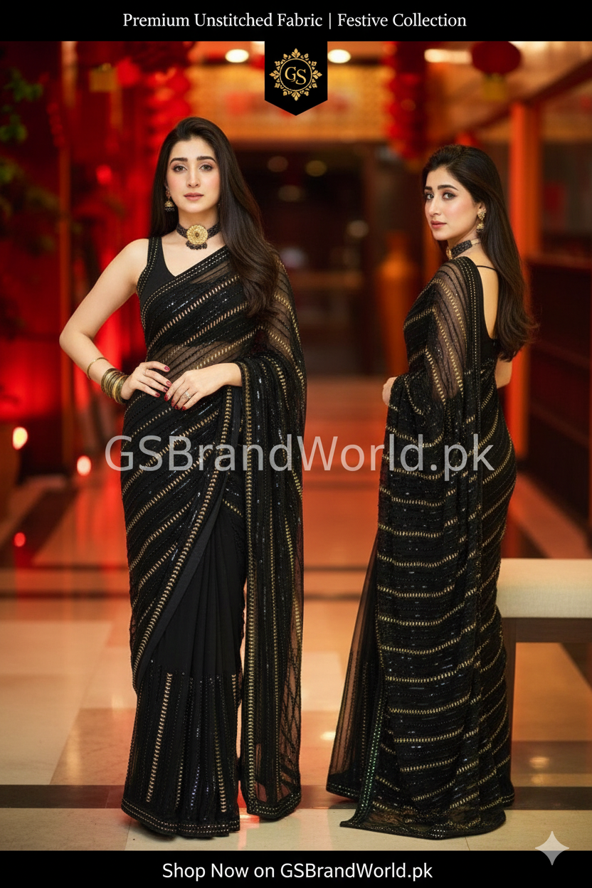 Luxury Embroidered Unstitched Chiffon Saree | Black & Mehroon | Wedding Collection|SR.060