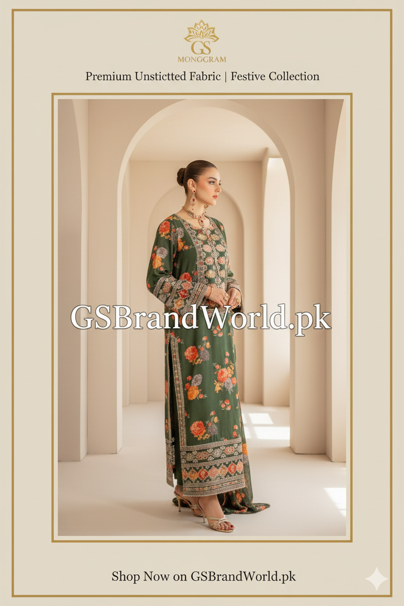 Luxury Embroidered Unstitched 3Pc Silk Suit | Premium Collection| Olive