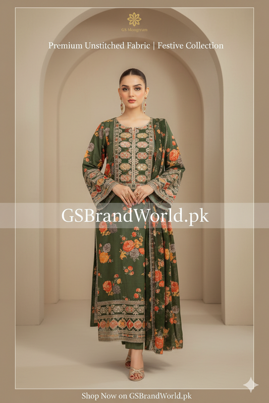 Luxury Embroidered Unstitched 3Pc Silk Suit | Premium Collection| Olive