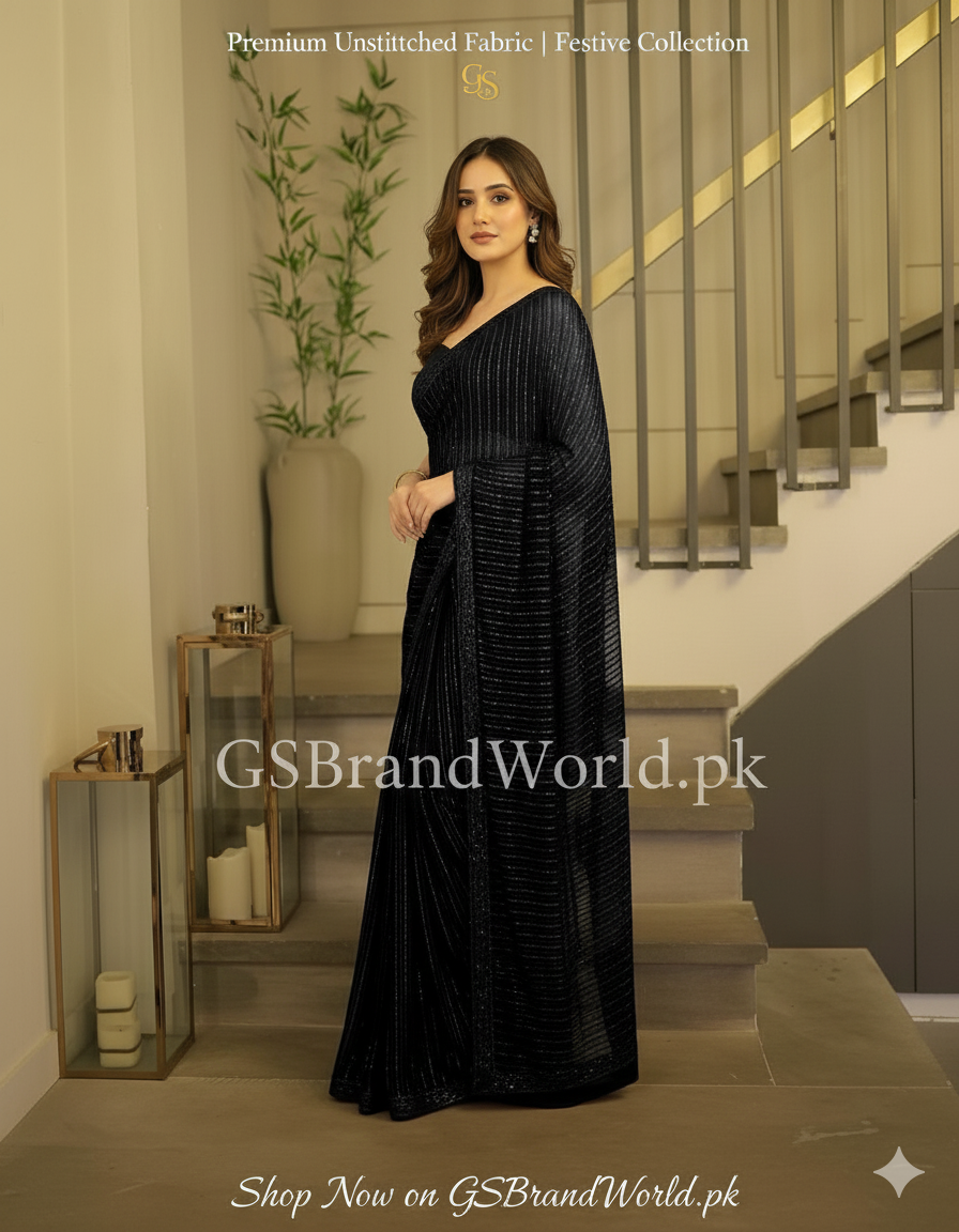 Luxury Embroidered Unstitched Chiffon Saree | Semi Pure Fabric | Wedding Collection| SR.075