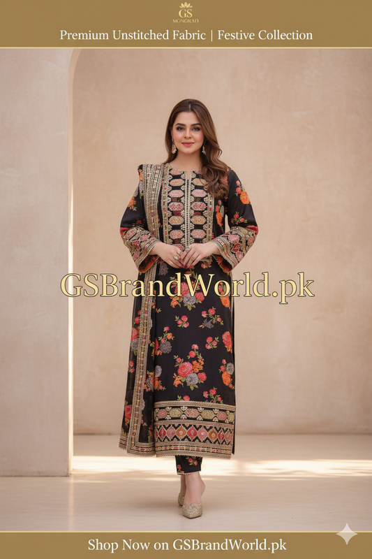 Luxury Embroidered Unstitched 3Pc Silk Suit | Premium Collection| Black