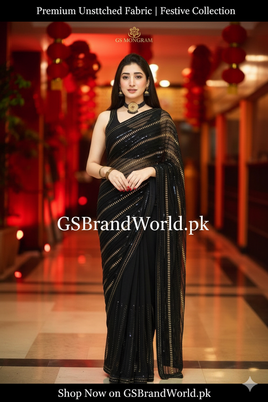 Luxury Embroidered Unstitched Chiffon Saree | Black & Mehroon | Wedding Collection|SR.060