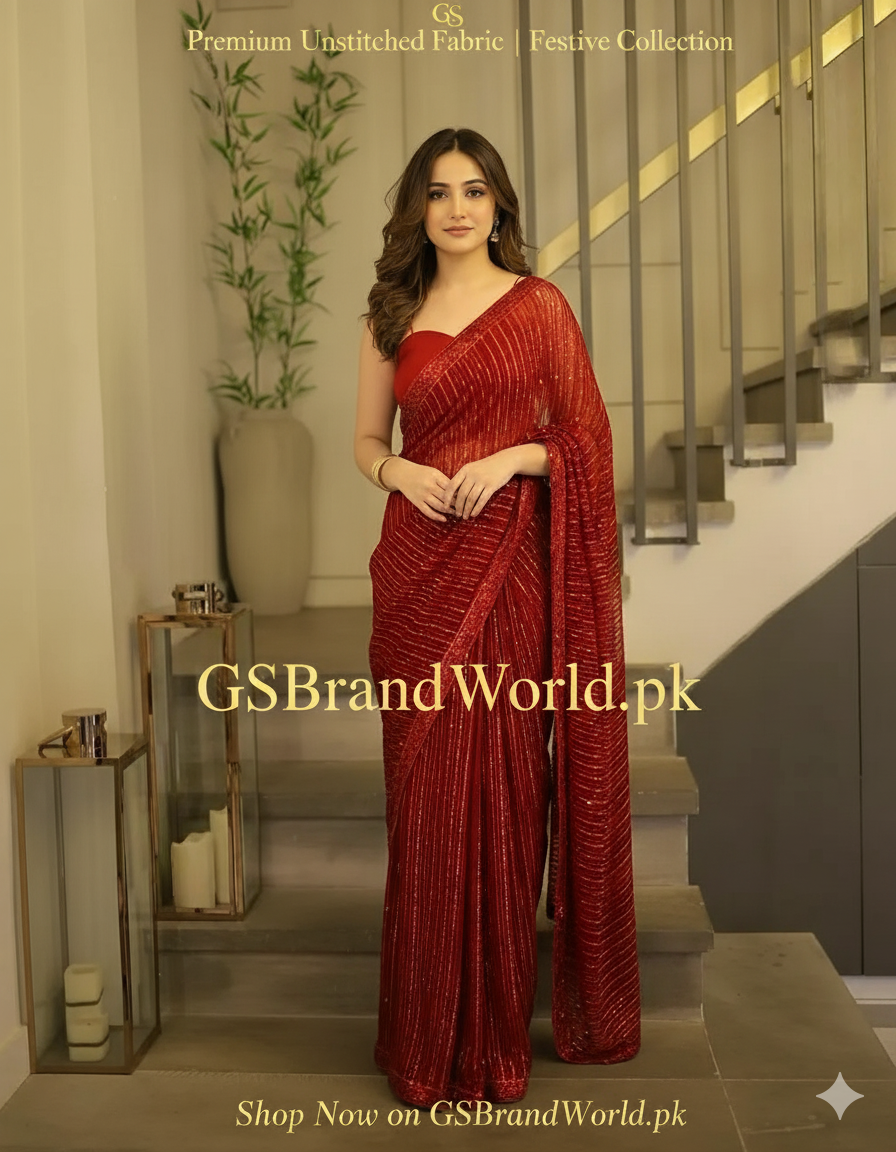Luxury Embroidered Unstitched Chiffon Saree | Semi Pure Fabric | Wedding Collection| SR.075