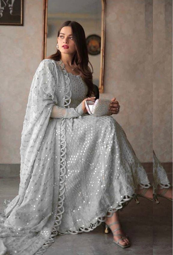 Luxury Semi Pure Chiffon Embroidered Frock 3PC | Sequence Work | Dupatta with Heavy Border| GS .AF.070