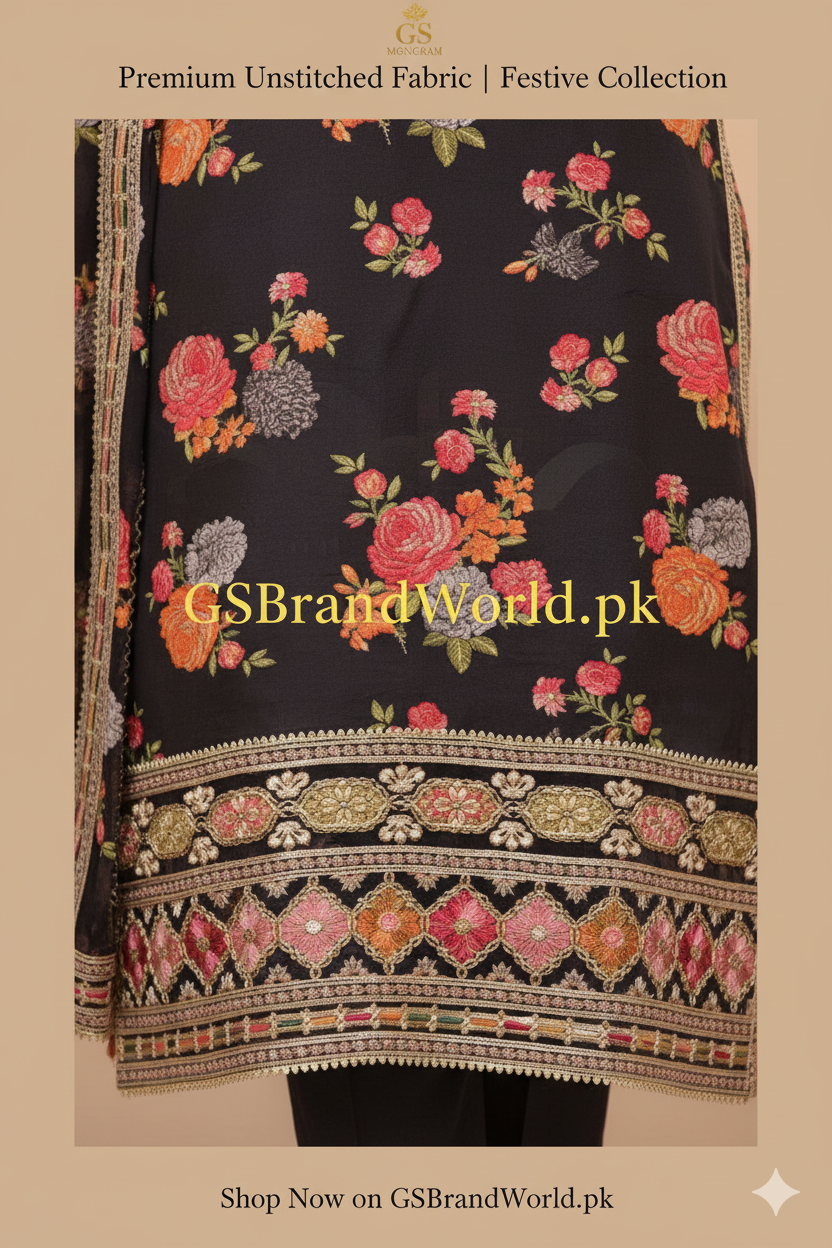 Luxury Embroidered Unstitched 3Pc Silk Suit | Premium Collection| Black