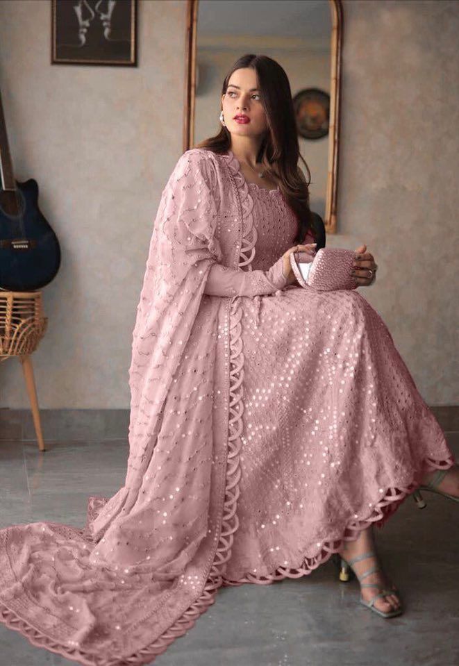 Luxury Semi Pure Chiffon Embroidered Frock 3PC | Sequence Work | Dupatta with Heavy Border| GS .AF.070