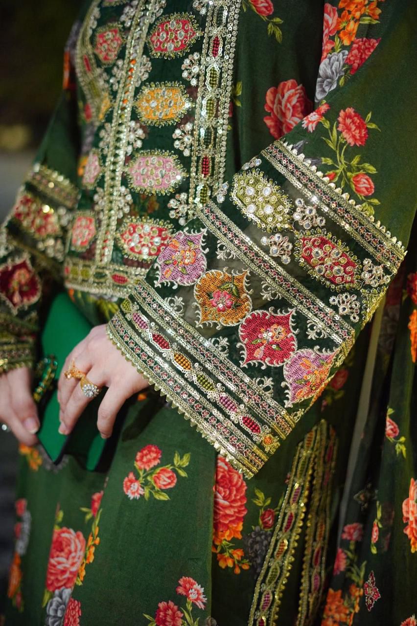 Luxury Embroidered Unstitched 3Pc Silk Suit | Premium Collection| Olive