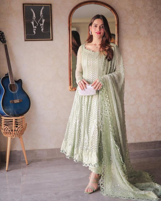 Luxury Semi Pure Chiffon Embroidered Frock 3PC | Sequence Work | Dupatta with Heavy Border| GS .AF.070