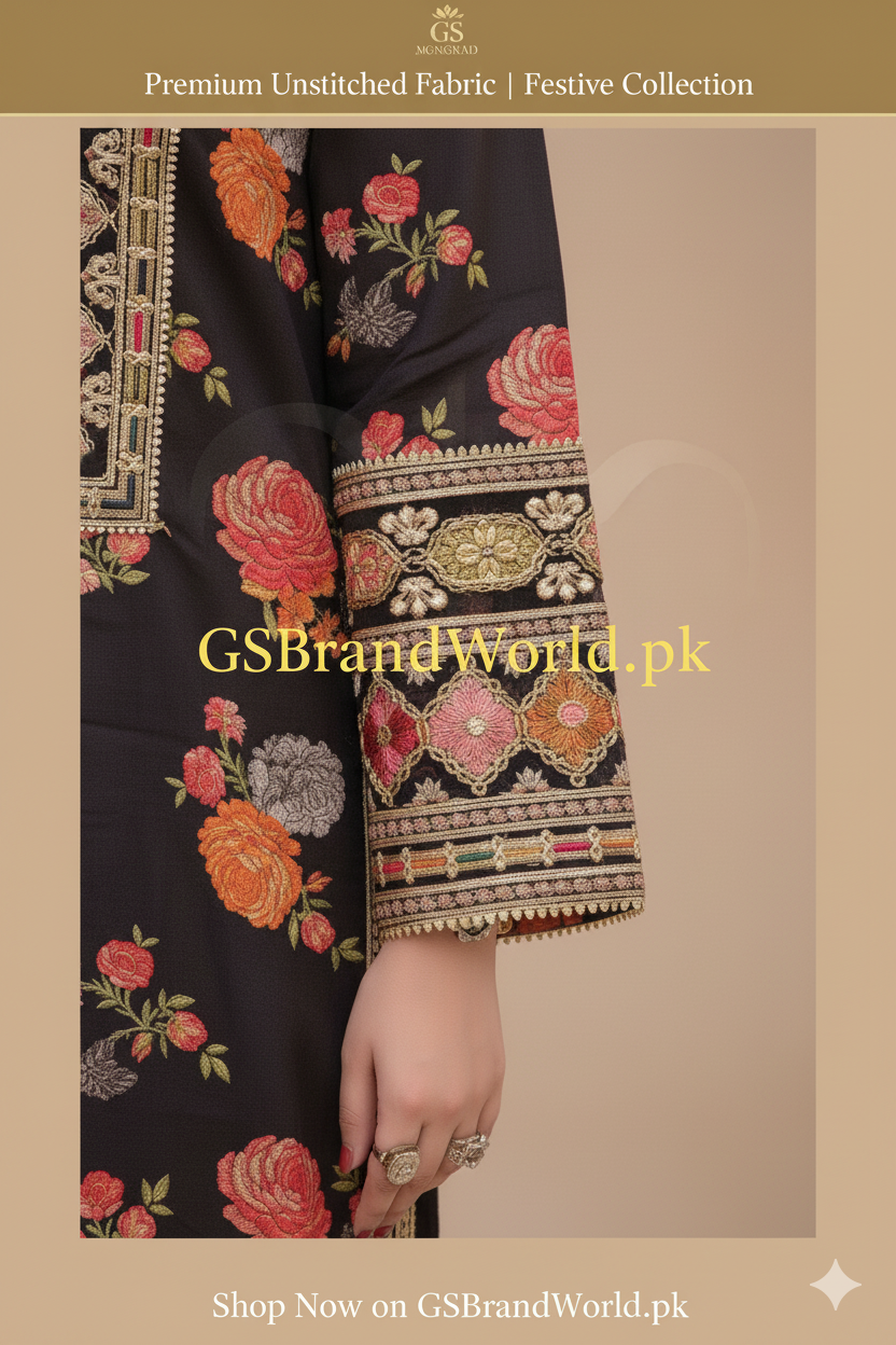 Luxury Embroidered Unstitched 3Pc Silk Suit | Premium Collection| Black